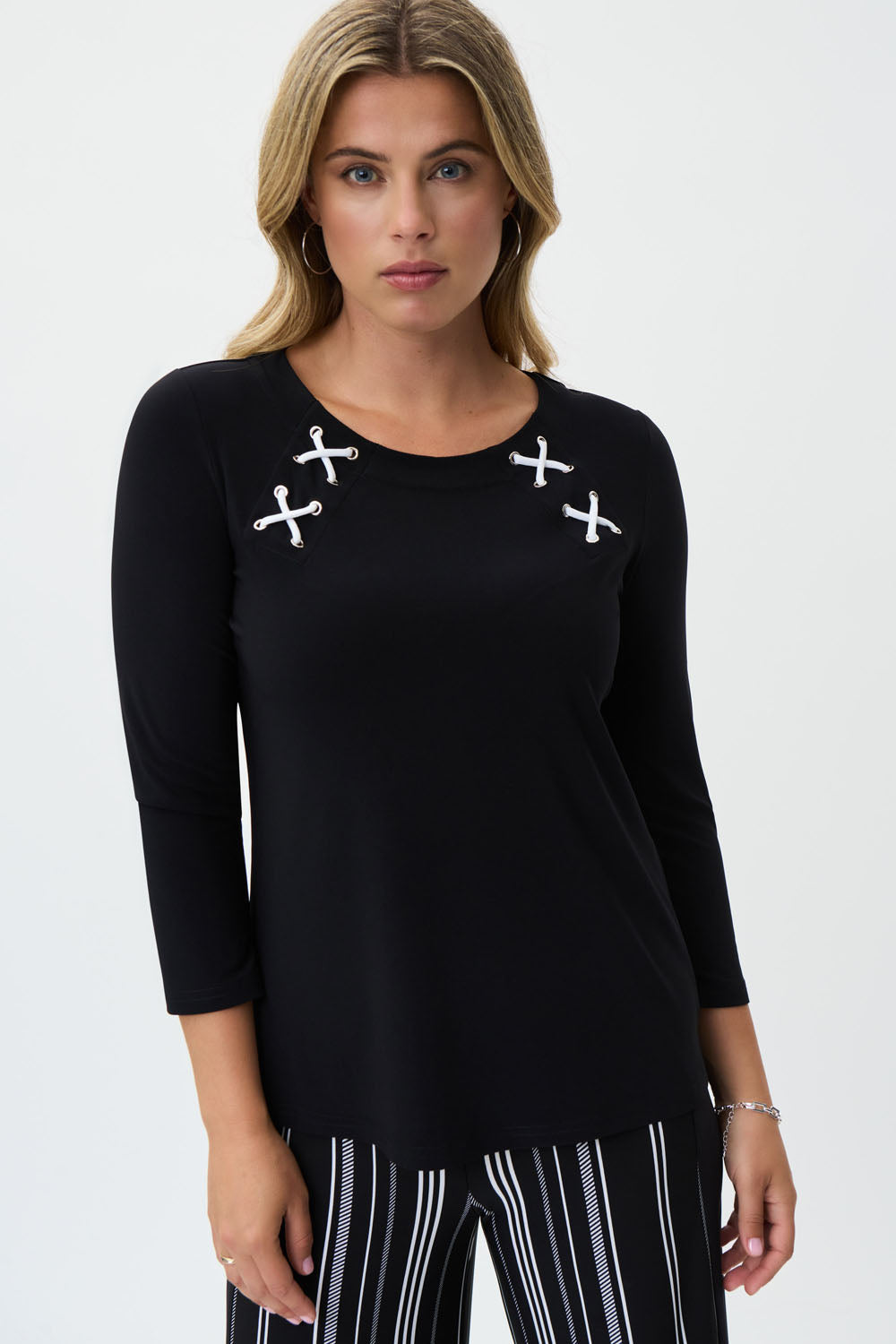 Joseph Ribkoff Floral Twisted Hemline Detail Top Midnight/Vanilla 231262-2229