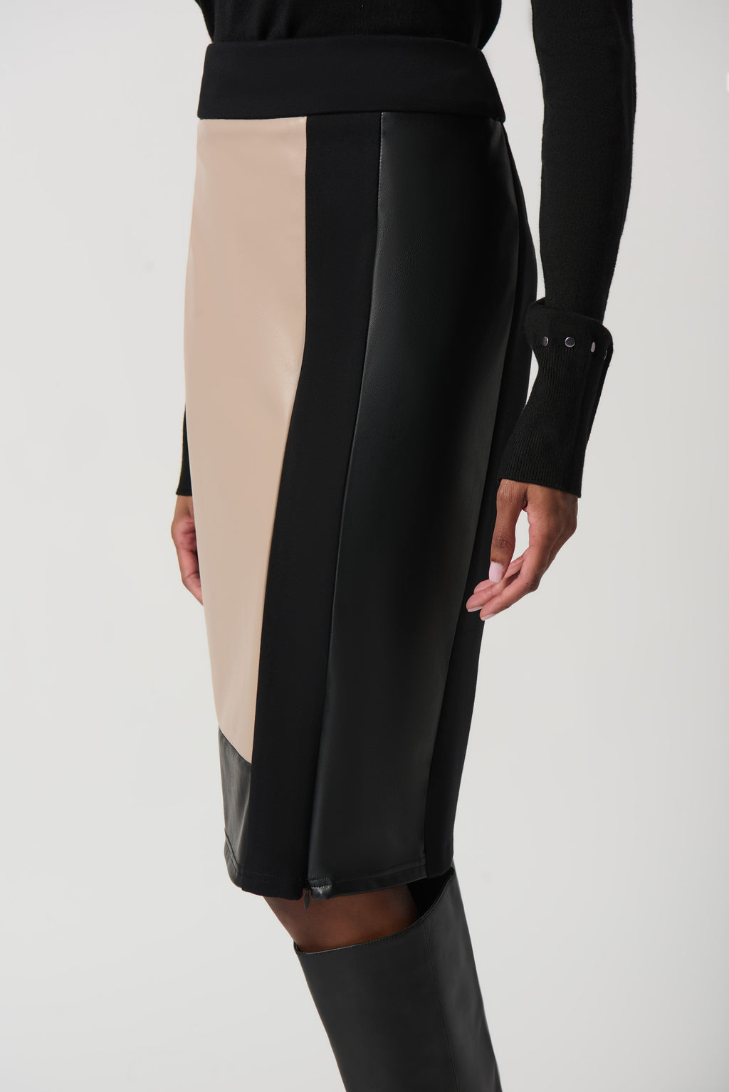 Joseph Ribkoff Black/Latte Heavy Knit And Faux Leather Pencil Skirt Style 234164