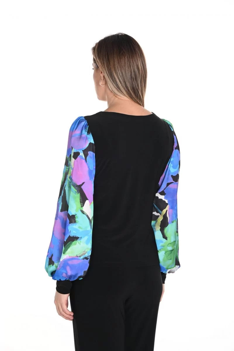 Frank Lyman Black/Blue Top with Abstract Print Puffy Sleeves Style 243239