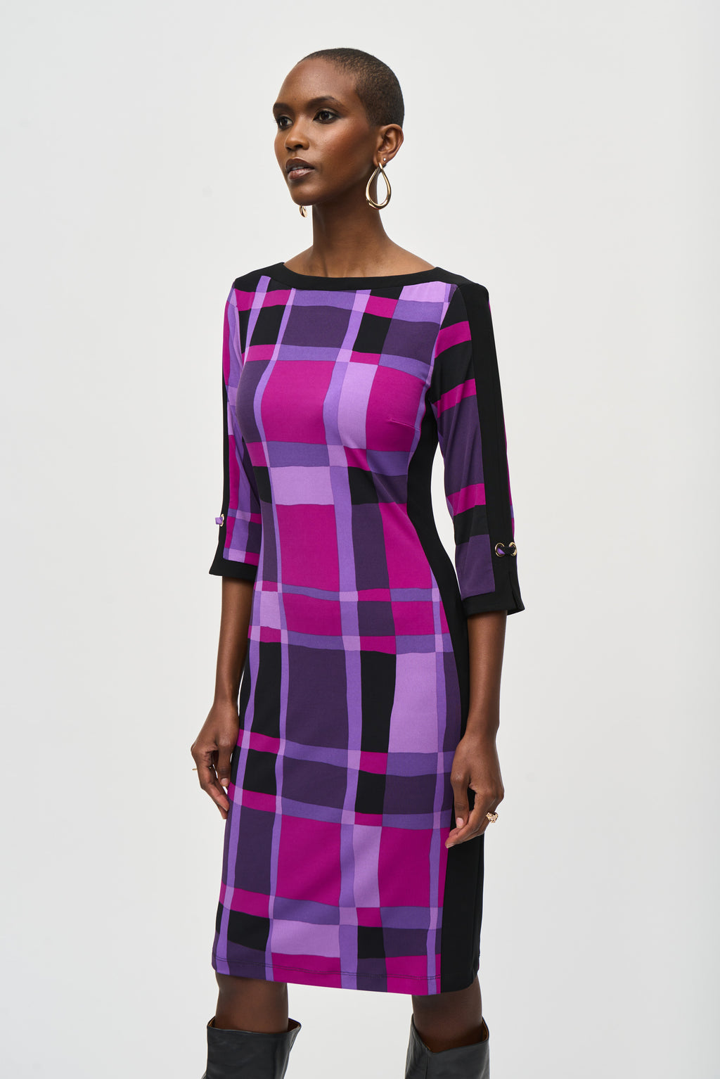 Joseph Ribkoff Purple/Black Plaid Print Sheath Dress Style 243301