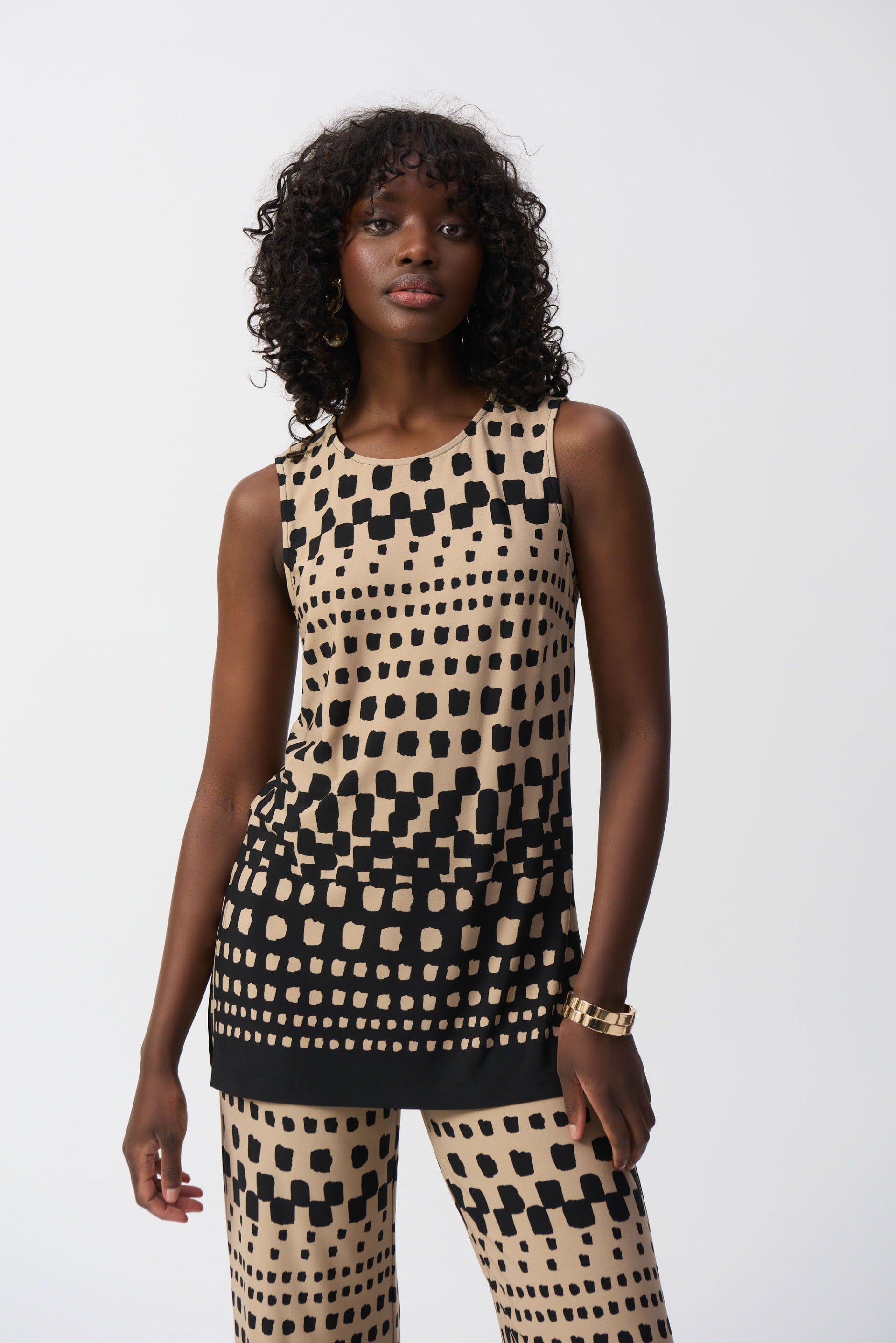 Joseph Ribkoff Black/Dune Silky Knit Dot Print Sleeveless Tunic