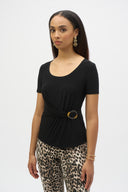 Joseph Ribkoff Black Silky Knit Fitted Top With Buckle Detail Style 252230.
