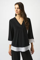 Joseph Ribkoff Black/Off White Silky Knit & Georgette Colour Block Flared Top Style 253082.