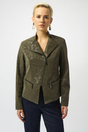 Joseph Ribkoff Avocado Foiled Faux Suede Fitted Moto Jacket Style 253915.
