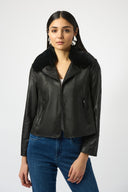 Joseph Ribkoff Black Foiled Suede Swing Jacket with Faux Fur Collar Style 253925.