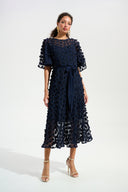Joseph Ribkoff 3D Embroidered Chiffon Fit & Flare Dress With Sash Belt Style 261738