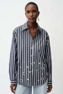 Joseph Ribkoff Cotton Stripe Print Boxy Blouse With Rhinestones Style 261966