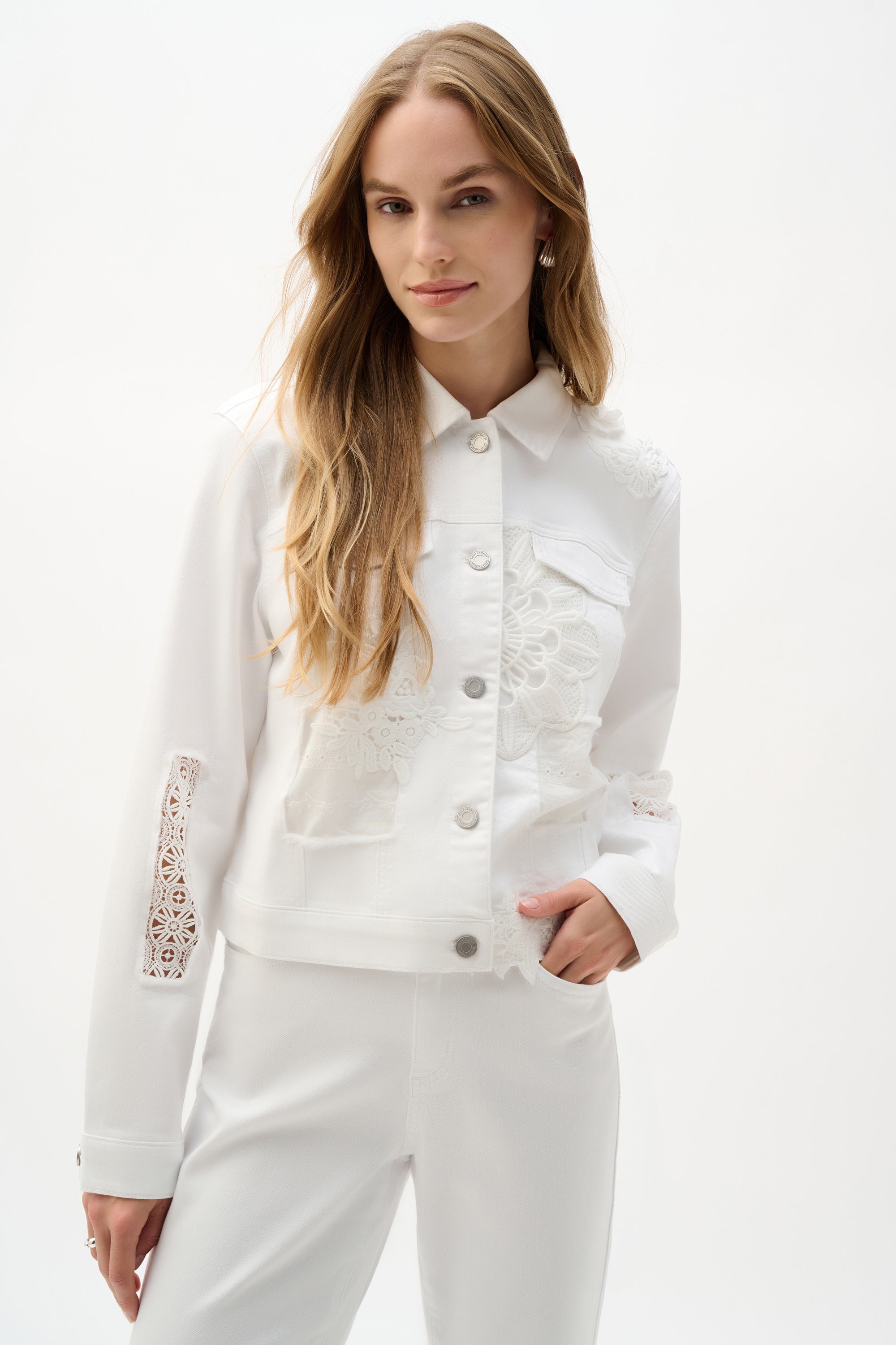 Joseph Ribkoff Denim Jacket With Lace Embroidery Style 262916