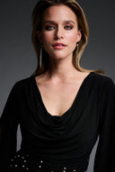 Joseph Ribkoff Black V-Neck Top with Pearl Embellishments Style 223755