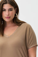 Joseph Ribkoff Tiger's Eye V-Neck Short Sleeve Top With Studs Style 232024