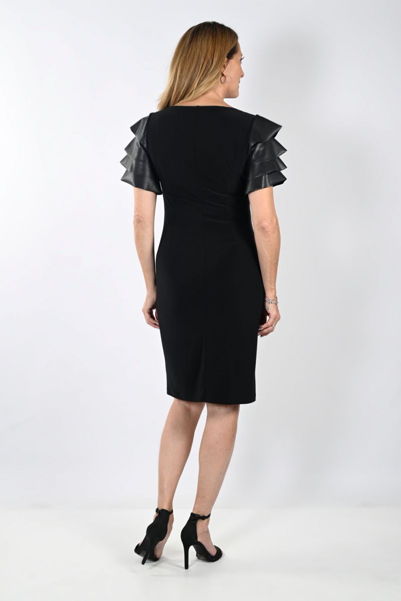 Frank Lyman Black Dress with Ruffled Leatherette Sleeves Style 233003