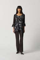 Joseph Ribkoff Black/Multi Ruffle Sleeve Trapeze Top Style 233052