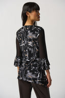 Joseph Ribkoff Black/Multi Ruffle Sleeve Trapeze Top Style 233052