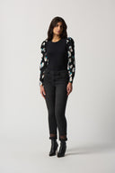 Joseph Ribkoff Black/Multi Puff Sleeve Top Style 233149