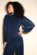 Joseph Ribkoff Midnight Blue Pleated Sleeve Blouse Style 233763