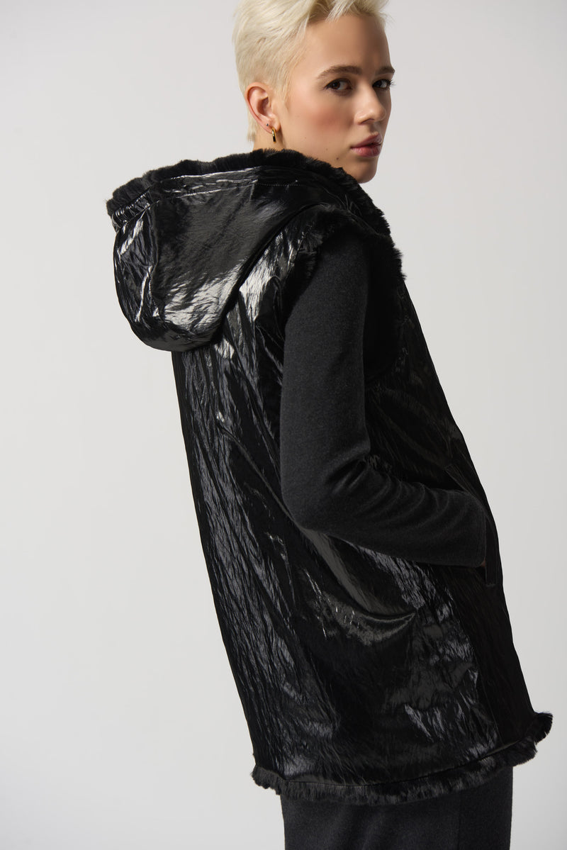 Joseph Ribkoff Black Faux Fur Hooded Reversible Vest Style 233921