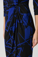 Joseph Ribkoff Black/Royal Sapphire Geometric Print Silky Knit Sheath Dress Style 234059