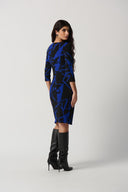 Joseph Ribkoff Black/Royal Sapphire Geometric Print Silky Knit Sheath Dress Style 234059