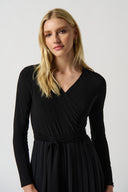 Joseph Ribkoff Black Pleated Chiffon Wide-Leg Wrap Jumpsuit Style 234066