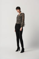 Joseph Ribkoff Black/Multi Dot Print Chiffon Top With Ruffles Sleeves Style 234074