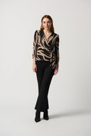 Joseph Ribkoff Black/Latte Abstract Print Silky Knit Top With Side Buckle Style 234078