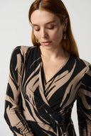 Joseph Ribkoff Black/Latte Abstract Print Silky Knit Top With Side Buckle Style 234078