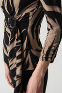 Joseph Ribkoff Black/Latte Abstract Print Silky Knit Top With Side Buckle Style 234078