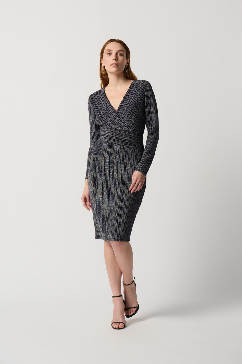 Joseph Ribkoff Black/Silver Wrap Dress With Stripe Print Style 234080