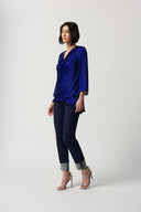 Joseph Ribkoff Royal Sapphire Cowl Neckline Satin Flared Top Style 234082