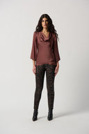 Joseph Ribkoff Toffee Cowl Neckline Satin Flared Top Style 234082