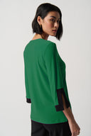 Joseph Ribkoff True Emerald/Black Color-Block Slit Neckline Top Style 234083
