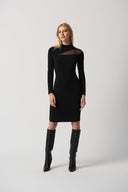 Joseph Ribkoff Black Silky Knit Mock Neck Dress With Mesh Insert Style 234096