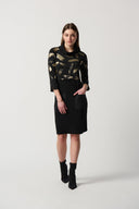 Joseph Ribkoff Black/Gold Abstract Foil Print Cowl Collar Cocoon Dress Style 234100