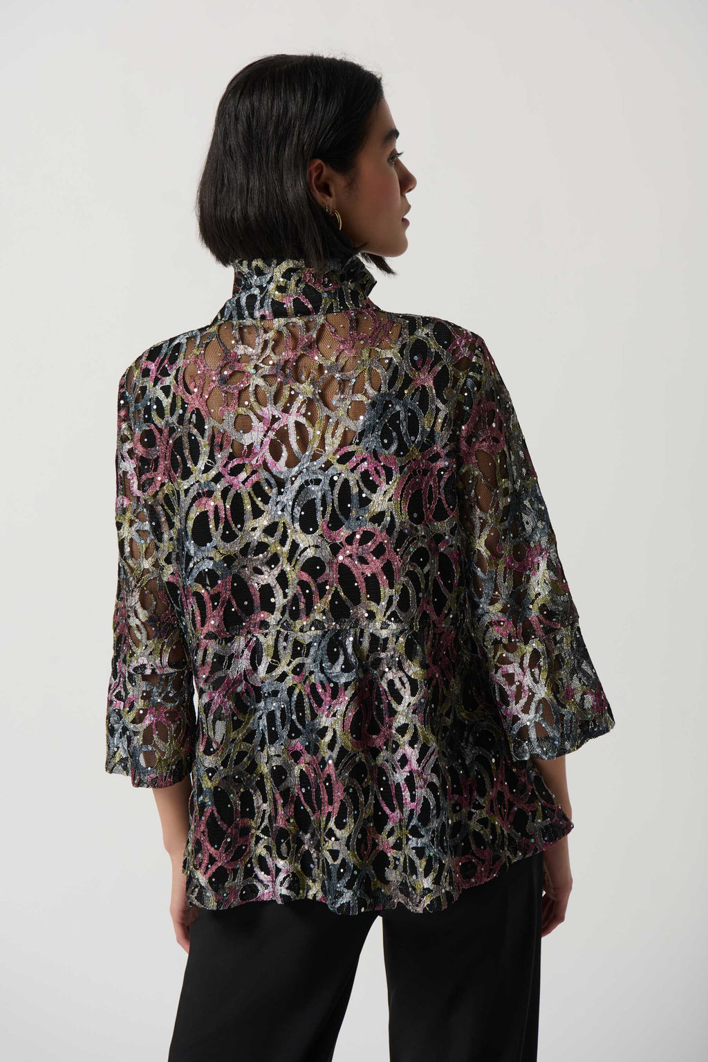 Joseph Ribkoff Multi Abstract Print Shirred Collar Trapeze Jacket Style 234106