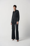 Joseph Ribkoff Black Satin Boxy Button-Down Blouse Style 234115