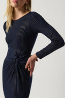 Joseph Ribkoff Midnight Blue/Gold Printed Silky Knit Sheath Dress With Lurex Style 234126
