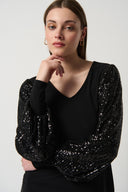 Joseph Ribkoff Black Silky Knit Sequins Puff Sleeve Top Style 234130