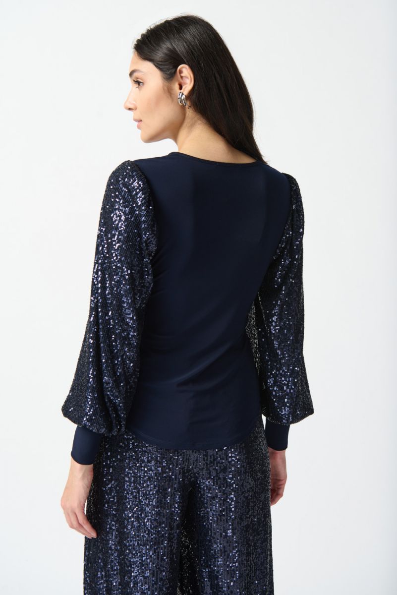 Joseph Ribkoff Midnight Blue Silky Knit Sequins Puff Sleeve Top Style 234130