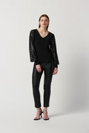 Joseph Ribkoff Black Silky Knit Sequins Puff Sleeve Top Style 234130