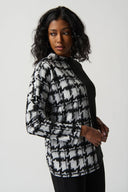 Joseph Ribkoff Off-White/Black Houndstooth Jacquard Color Block Boxy Top Style 234137