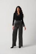 Joseph Ribkoff Black/Dark Grey Top With Pleated Neckline and Cuffs Style 234139