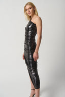 Joseph Ribkoff Gunmetal One-Shoulder Shirred Metallic Dress Style 234158