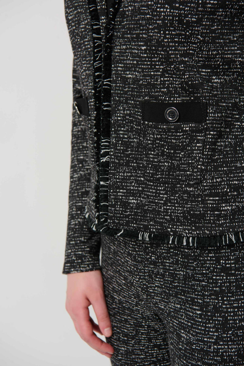 Joseph Ribkoff Black/Off-White Jacquard Knit Jacket With Fringe Detail Style 234161