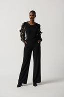 Joseph Ribkoff Black/Multi Silky Knit Top With Printed Chiffon Puff Sleeves Style 234198