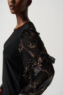 Joseph Ribkoff Black/Multi Silky Knit Top With Printed Chiffon Puff Sleeves Style 234198