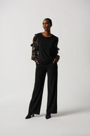 Joseph Ribkoff Black/Multi Silky Knit Top With Printed Chiffon Puff Sleeves Style 234198