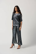 Joseph Ribkoff Black/Gunmetal Sequin Dolman Sleeve Boxy Top Style 234216