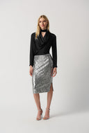 Joseph Ribkoff Black Satin Top With Mock Collar and Cowl Neckline Style 234221