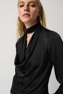 Joseph Ribkoff Black Satin Top With Mock Collar and Cowl Neckline Style 234221