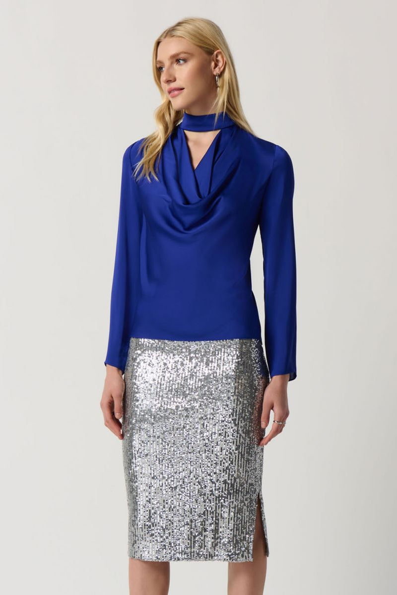 Joseph Ribkoff Royal Satin Top With Mock Collar and Cowl Neckline Style 234221
